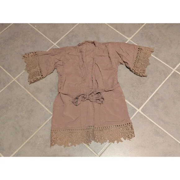 Women’s Boho Kimono Cardigan Lace Trim Open Front Tie Waist - Picture 3 of 5